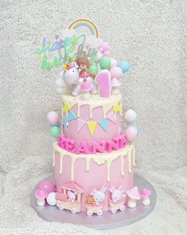 2-Tier Girl on Unicorn Cake with Rabbit