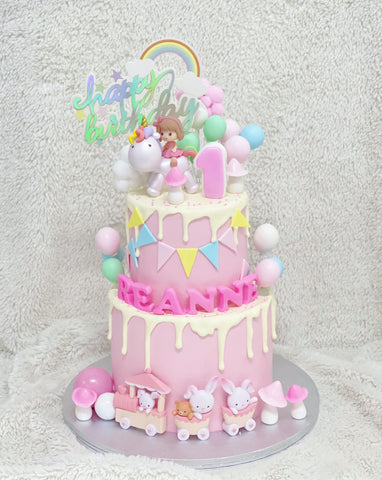 2-Tier Girl on Unicorn Cake with Rabbit