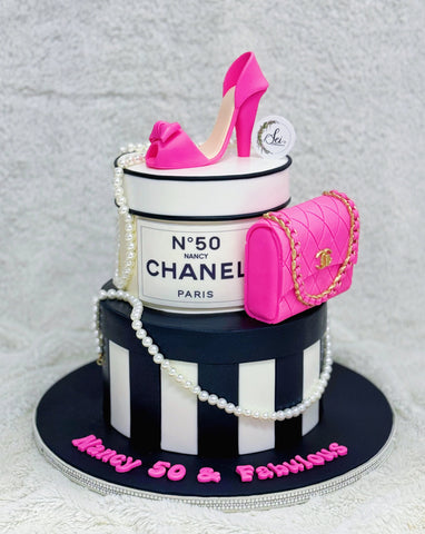 2-Tier Neon Pink and Black Chanel Cake