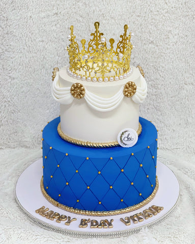 2-Tier Royal Blue Elegant Gold Crown Cake
