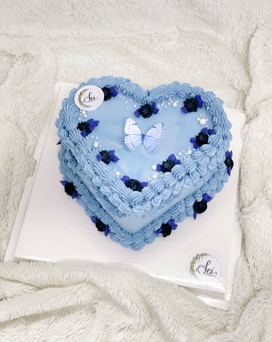 Dusty Blue Vintage Heart Shape Butterfly Cake