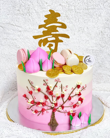 Longevity Cherry Blossoms with Macarons Money Pulling Cake