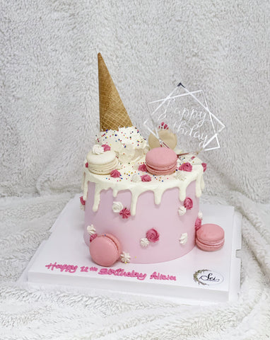 White and Pink Melted Ice Cream Cake with Macarons