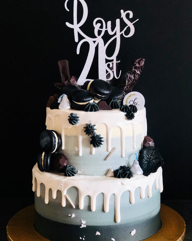 2-Tier Black x Silver Macaron Cake