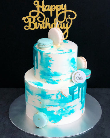 2-Tier Blue x White Watercolour Cake